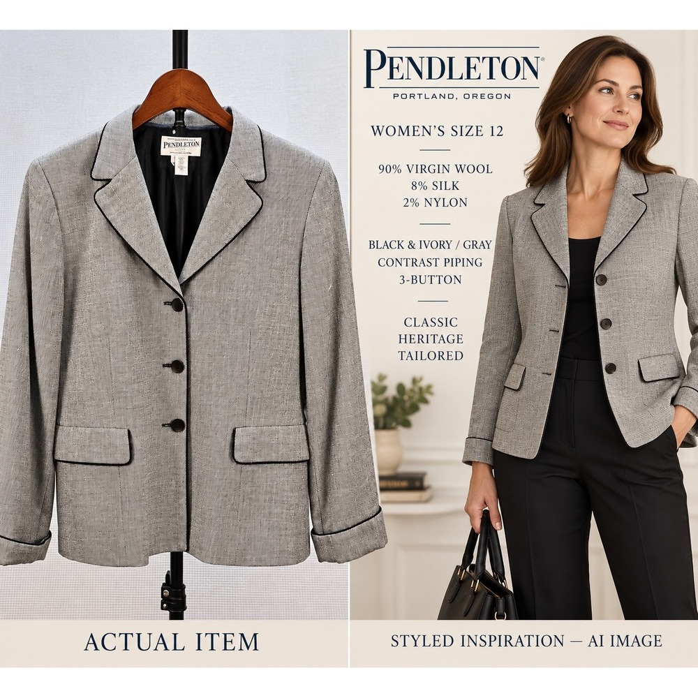 Pendleton Tweed Blazer Jacket Womens Size 12 Gray Wool Silk Blend Piping Vintage